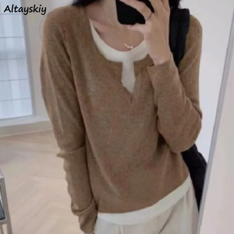 

Pullovers for Women Korean Style Ins Long Sleeve Patchwork Chic Autumn Winter O-neck Fashion Warm Soft College Vintage Popular