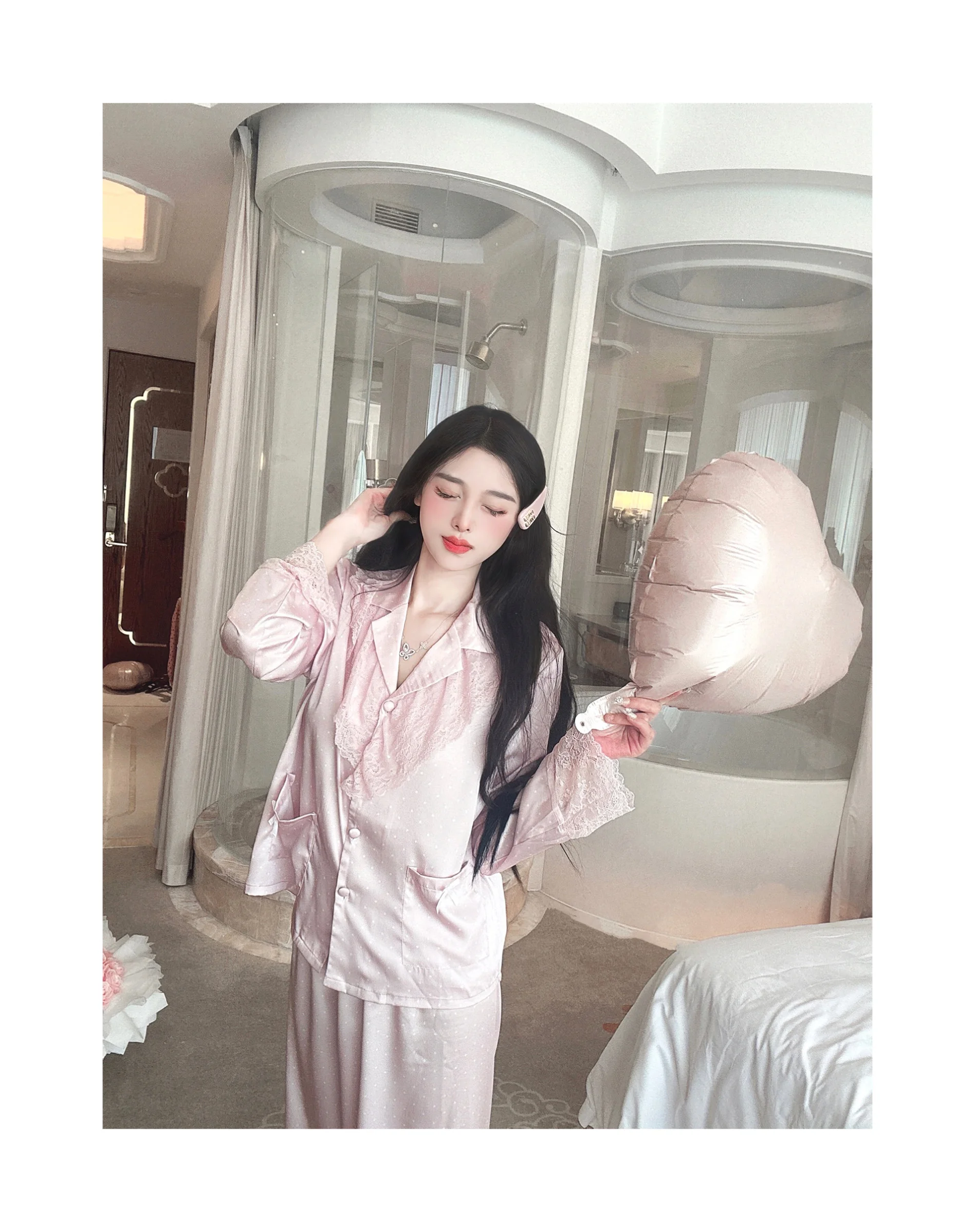 French Polka Dot Lace Trim Satin Ice Silk Long Sleeve Pajamas Sweet Cute Elegant Girl Turn-Down Collar Homewear Set