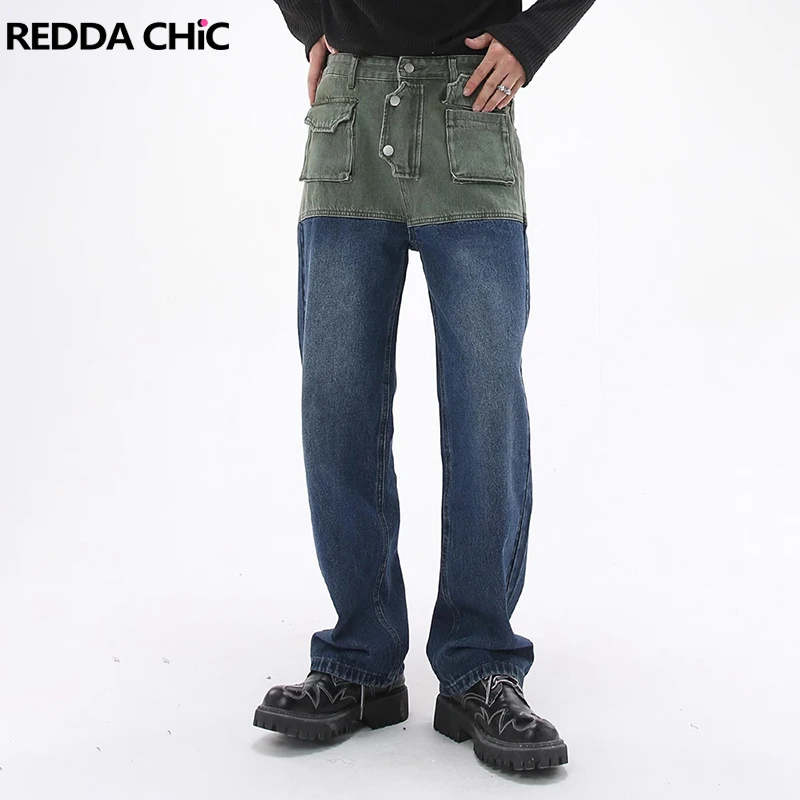 

REDDACHIC Bicolor Patchwork Denim Cargo Pants Men Distressed Straight Jeans Loose Casual Wide Leg Pants Vintage Y2k Streetwear