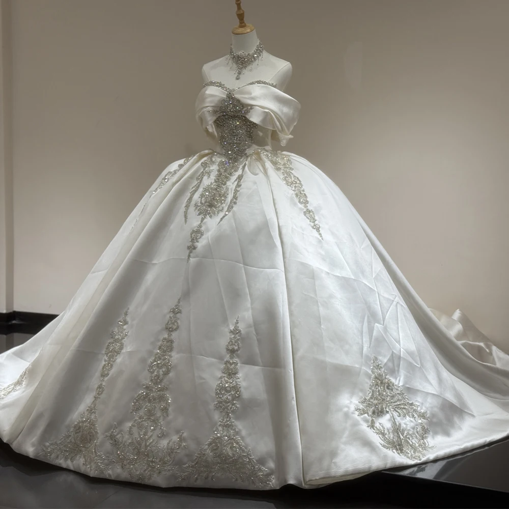 Lace Satin Wedding Bridal Dress Detachable Off The Shoulder Beading Crystal Ball Gown Long Train Vestido De Noiva