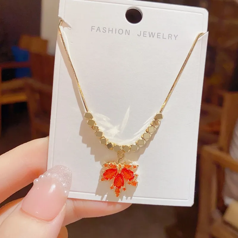 Red Austrian Crystal Maple Leaf Shaped Pendant Necklace for Women Exquisite Choker Sterling Silver 925 Chic Fine Jewelry Gifts