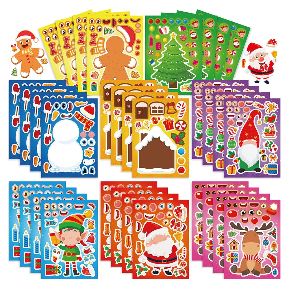 8/16Sheets Cute Christmas Snowman Elk Puzzle Stickers Make a Face Children DIY Toys Assemble Jigsaw Game Party Favor Kids Gifts