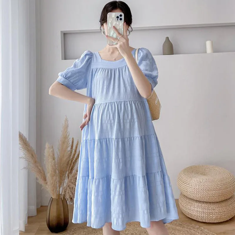 Summer Maternity Dresses Pregnant Women Fluffy Dress Pregnancy Solid Color Loose Knee A Skirt Female Girls Casual Clothes