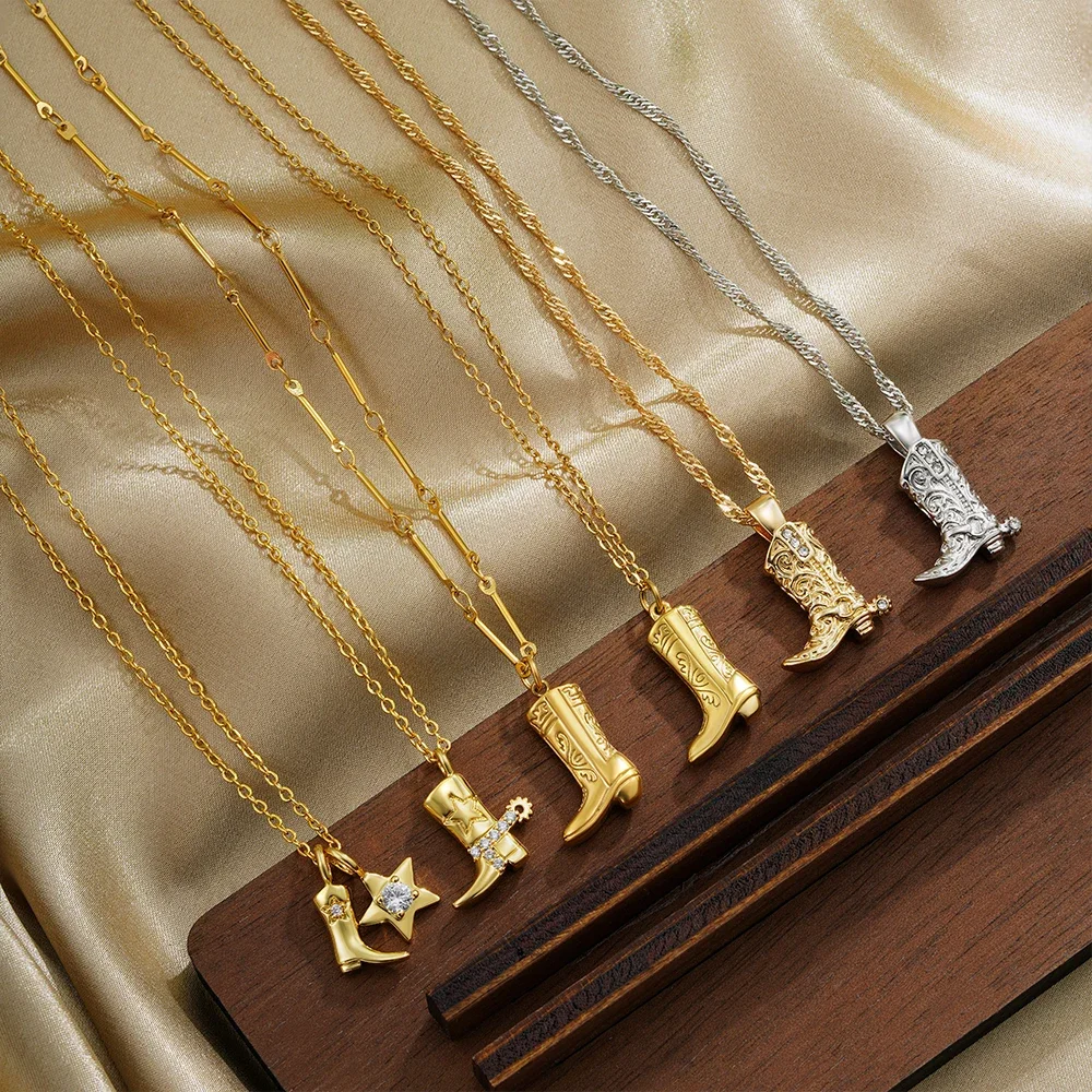 

Punk Western Cowboy Boots Stainless Steel Pendant Necklace for Women Charm CZ Zircon Cowboy Boots Choker Delicate Jewelry
