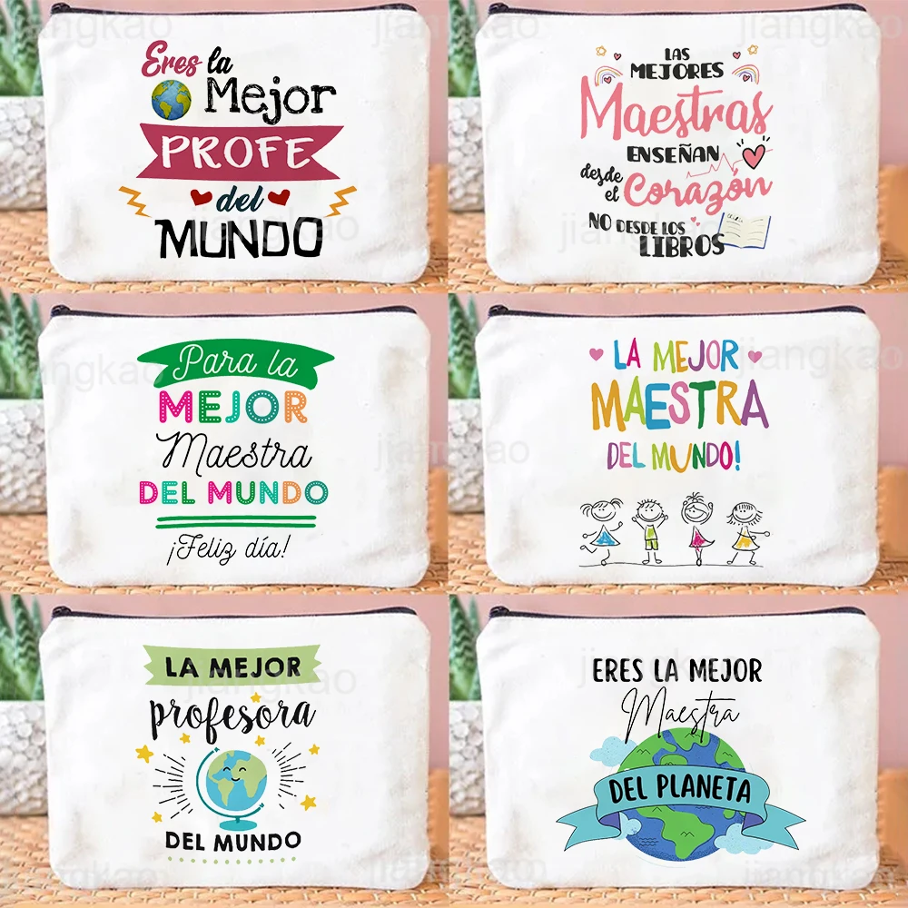 Best Teacher in The World Spanish Print Makeup Bag Travel Neceser Toiletries Storage Pouch Pencil Bags Graduate Gift for Teacher