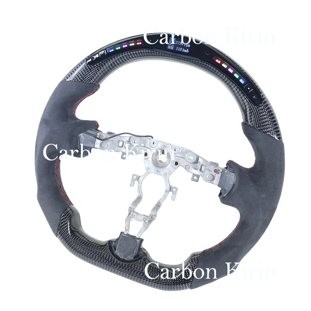 For Nissan 370Z Z33 2003-2008 LED Steering Wheel Carbon Fiber Suede Leather Steering Wheel Flat Bottom Red Stitching