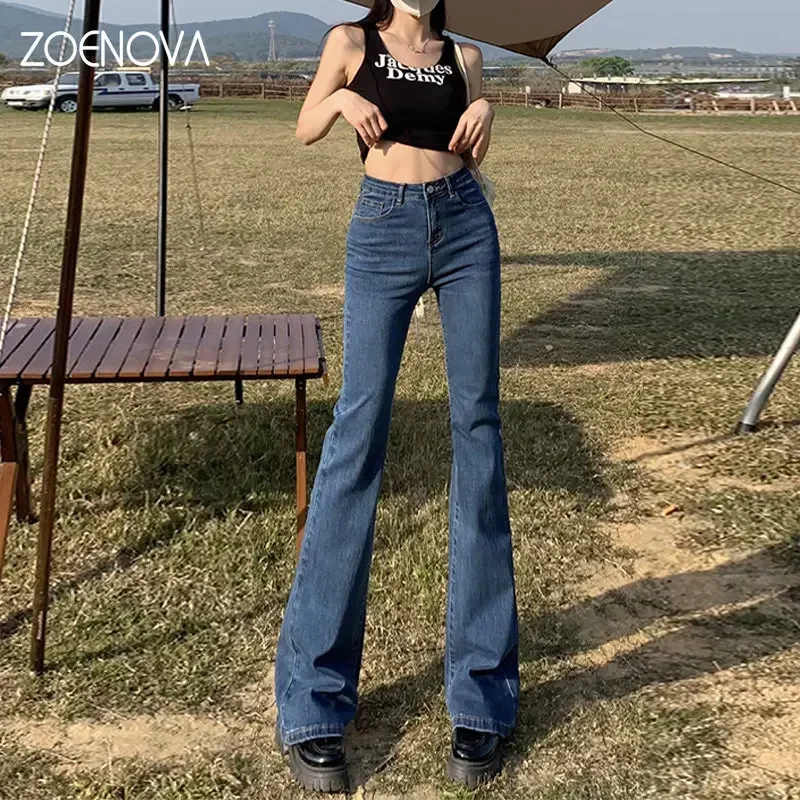 

ZOENOVA Korean Flares Fashion High Waist All Match Street Wear Wide Leg Pant Harajuku Solid Color Bell Bottom Trousers Y2k Denim