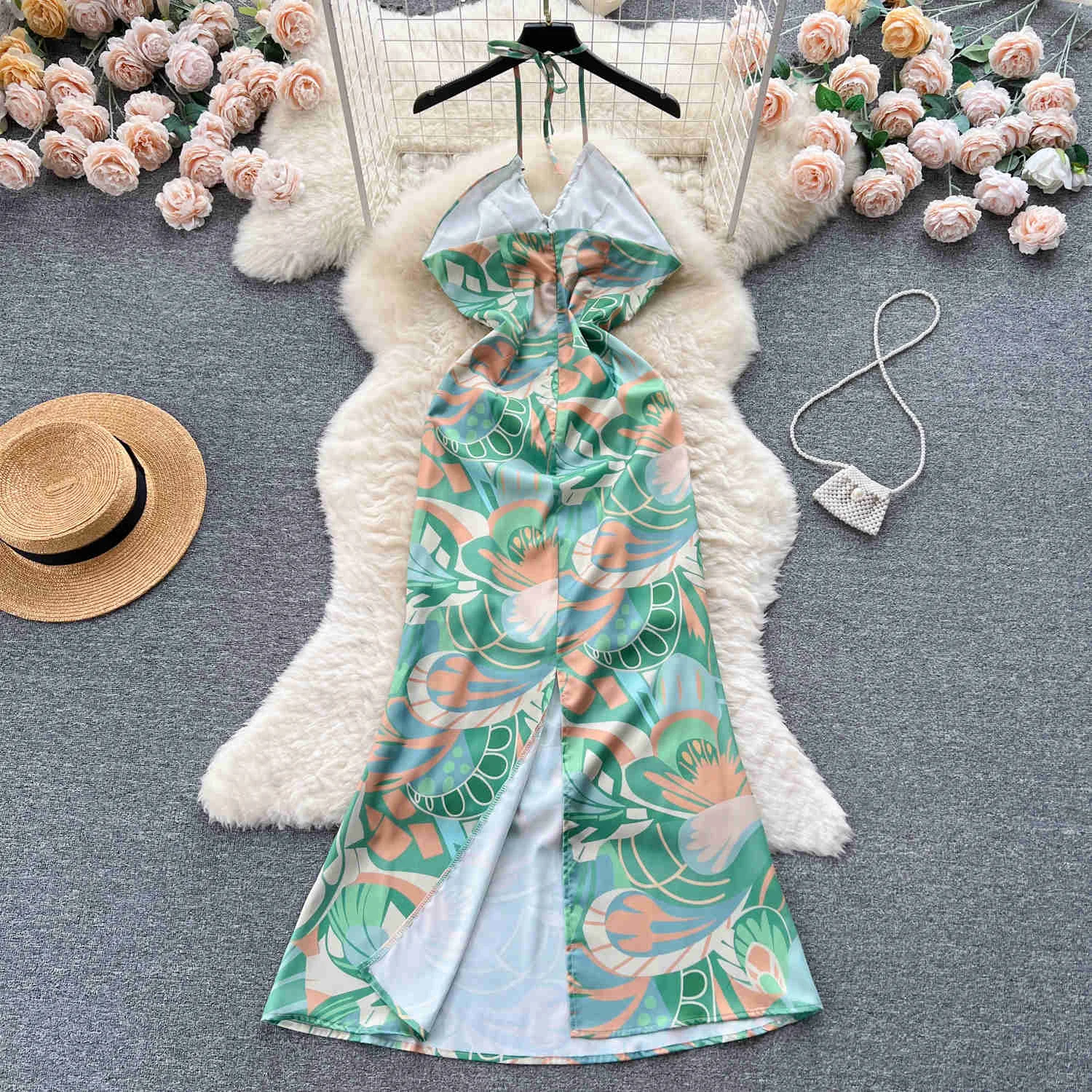 Vestido maxi estampado floral boho estilo feminino, sexy com renda, sem mangas, escavar, fenda traseira fina, vestido de verão, verão, novo, 2023