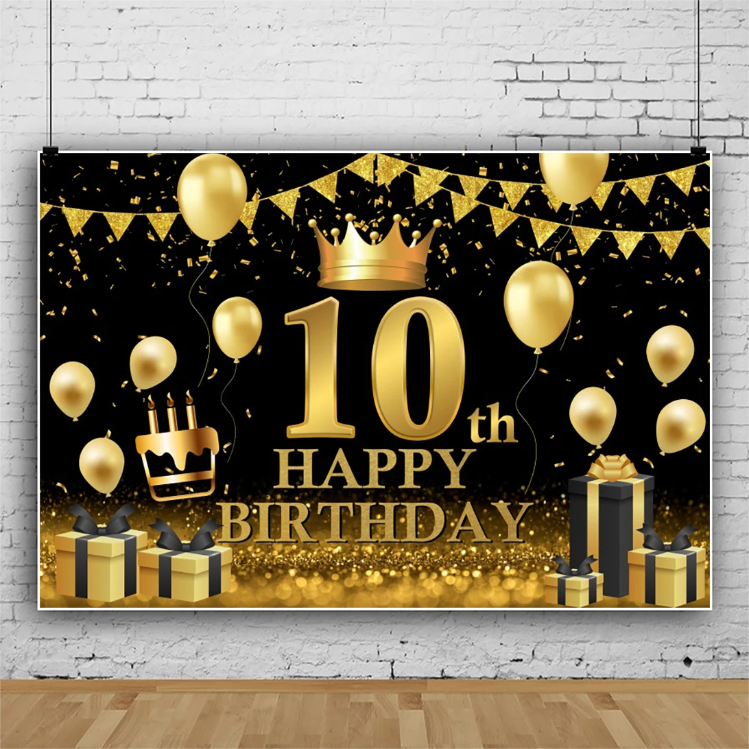 Happy 10th Anniversary Backdrop Boys Girls 10 Years Birthday Party Black and Gold Cake Table Decorations Banner Photo Background