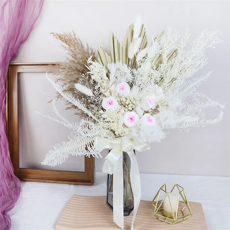 

Eternal Rose Palm Pampas Grass Bouquet Set Natural Dried Flowers Home Decor Wedding Decoration Mom Birthday Party Valentine Gift