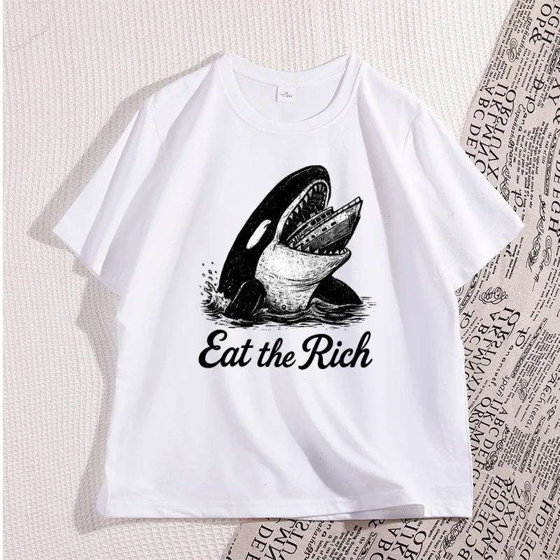 Eat The Rich Killer Whale T-Shirt Vintage Cotton Short Sleeve Tshirt Streetwear Man Short Sleeve Graphic Tee Oversized Tee