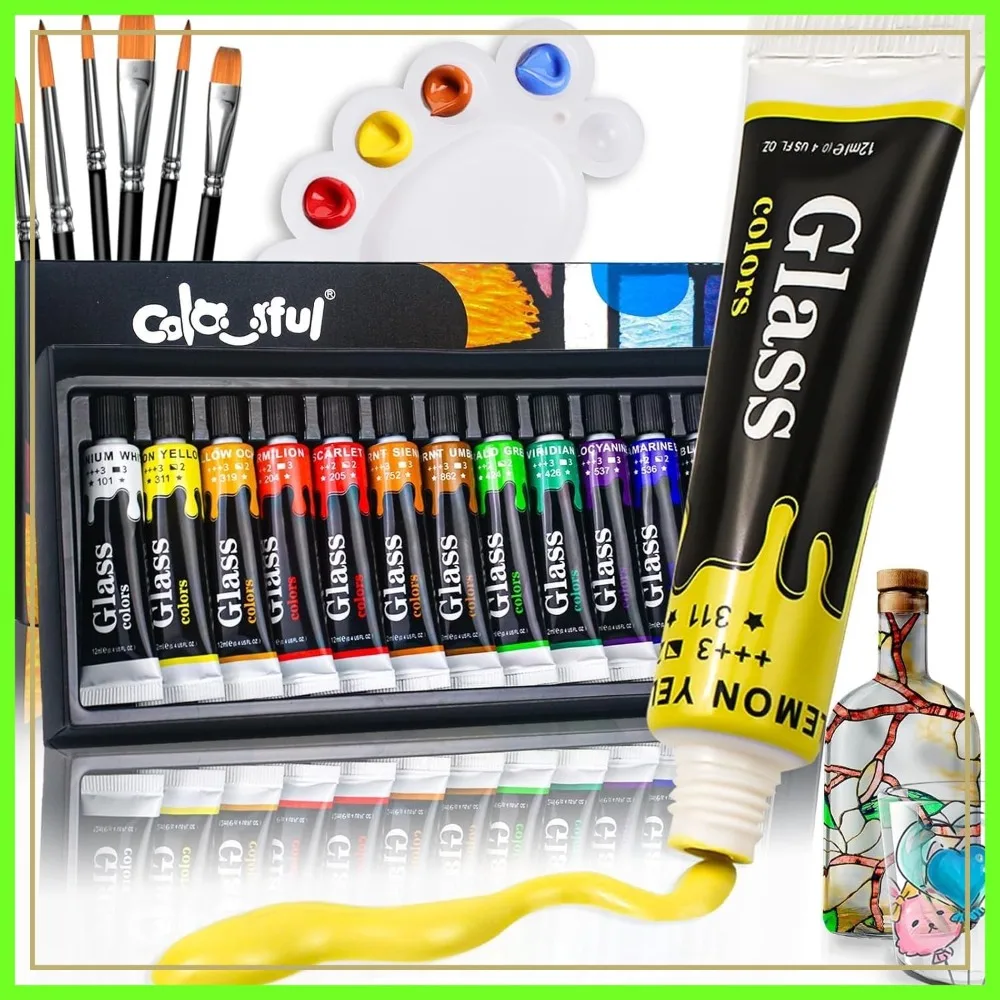 

12-Color Acrylic Glass Paint Set with 6 Brushes & Palette, Waterproof Enamel for Wine Bottles, Windows, Ceramic Art