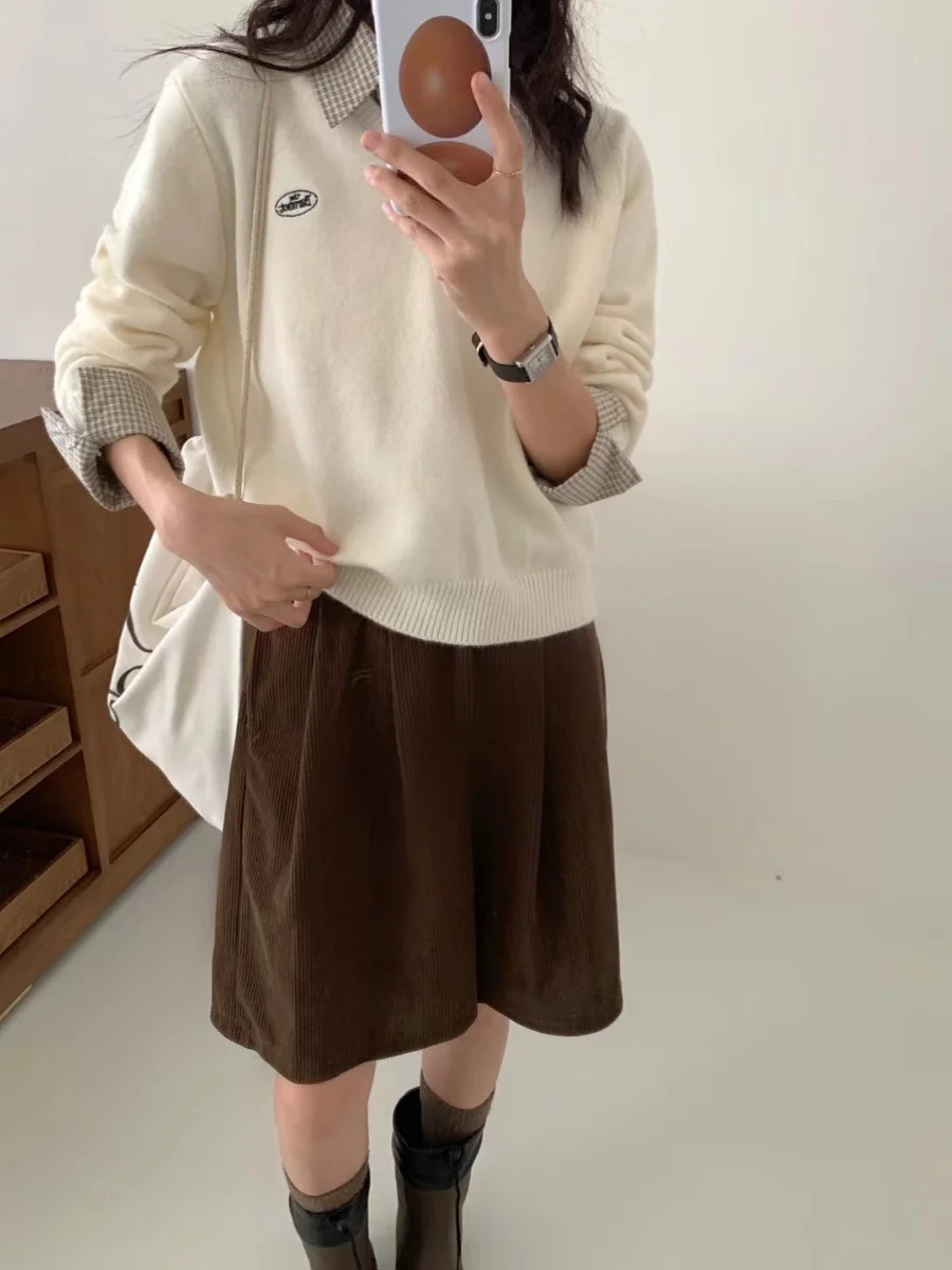 College sle malha ne camisola bordada gola irt falso de duas peças etiqueta redonda versão coreana longo sve inverno