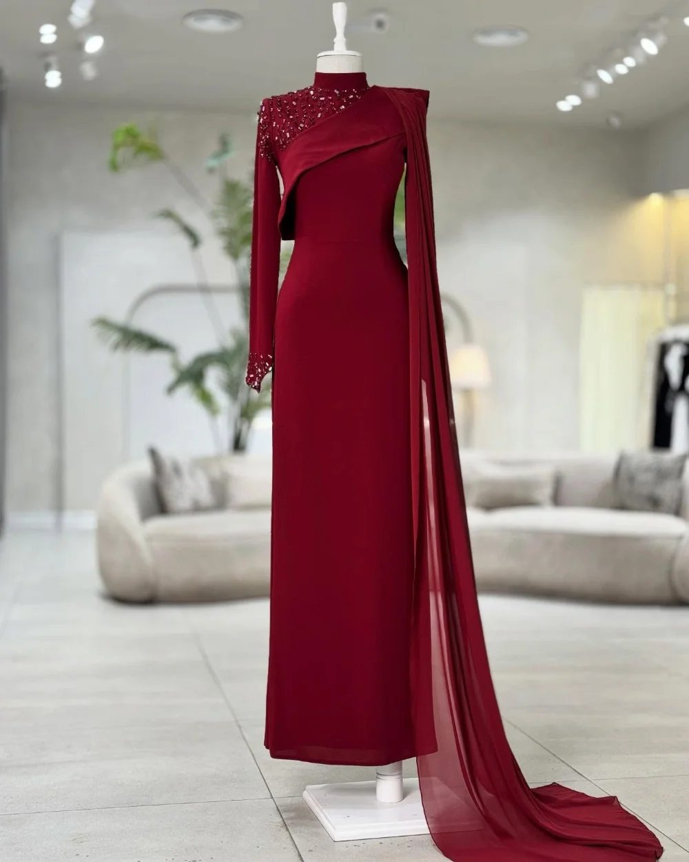 Customized Red Exquisite Formal Jersey Pleat Beading Rhinestone Straight High Collar Long Dresses Evening Dresses for Woman