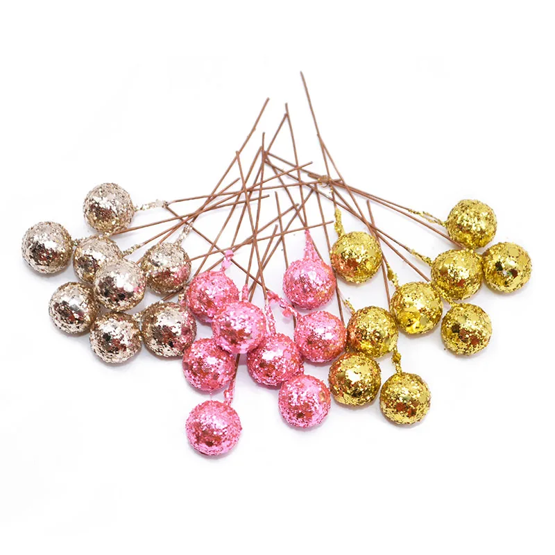 50pcs/lot Glitter Gold Fruit Christmas Artificial Berries Artificial Flowers Stamens For Wedding/Christams Party DIY Decoration