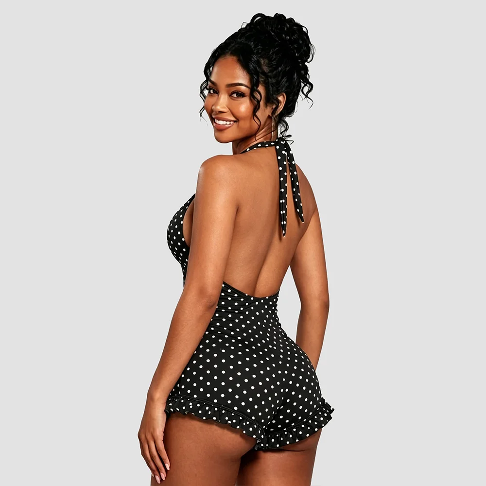 Polka Dot Halter Romper - Sexy Deep V Backless Ruffle Playsuit, Skinny Ruched Streetwear for Women view 2