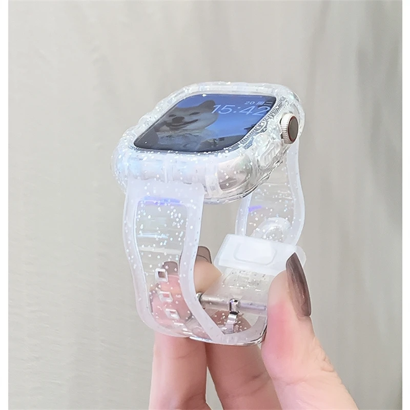 Clear Glitter Strap For Apple Watch Band 44mm 40 45 41 42 38mm Protective Case iWatch 8 Ultra 7 SE 3 5 6 Wave Silicone Bracelet