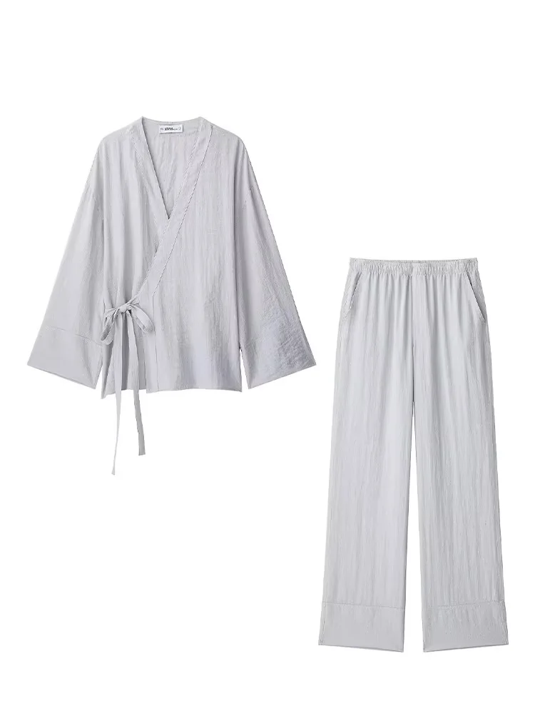 

HH женская осенняя новая мода с боковым бантом на шнуровке с v-образным вырезом и длинными рукавами, однотонная рубашка + темпераментный эластичный пояс с карманами, брючный костюм