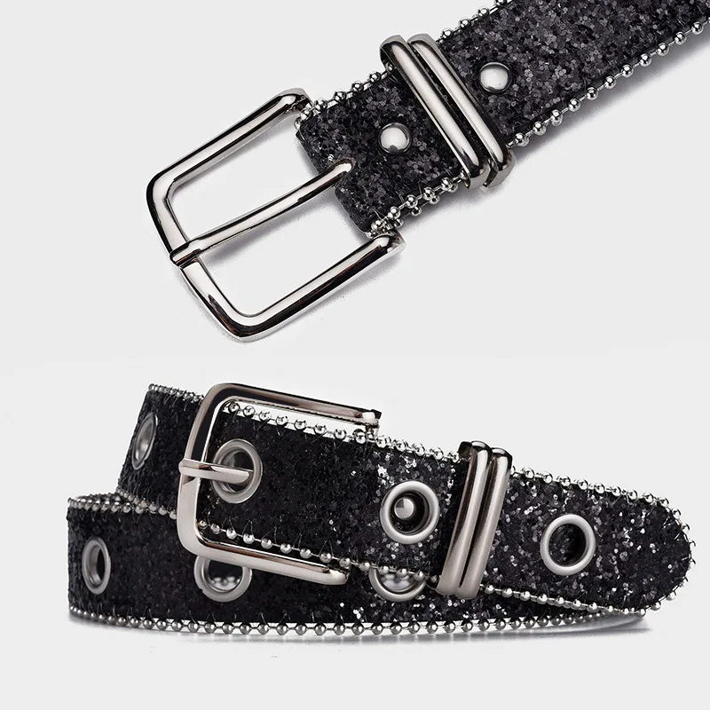 

2024 European & American Bestseller! Women's Belt with Sparkling Sequins - High-End, Hollow Air Eyes Design. Versatile for Jeans