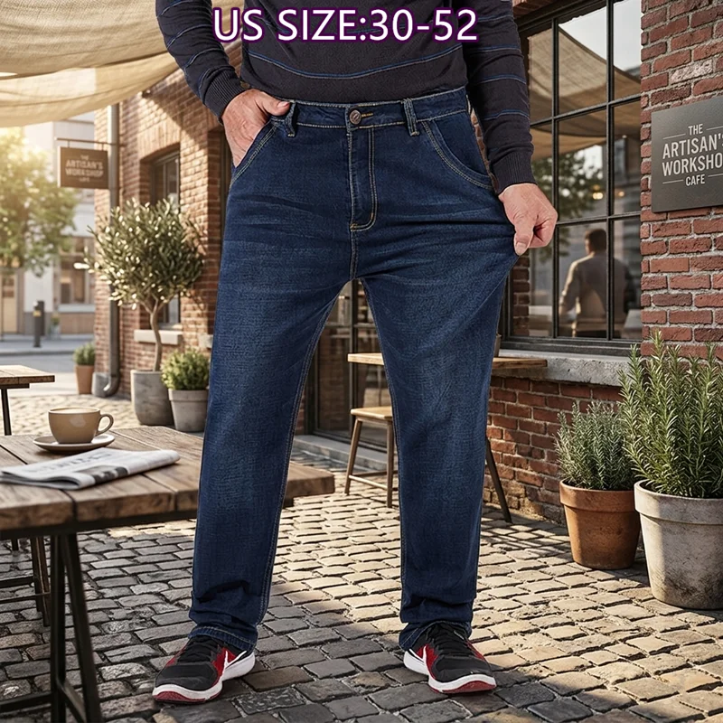 High Waist Men Jeans 150KG Autumn Thicken Stretched Plus Size 46 48 50 52 Denim Pants Loose Straight Dad Gift Summer Trousers