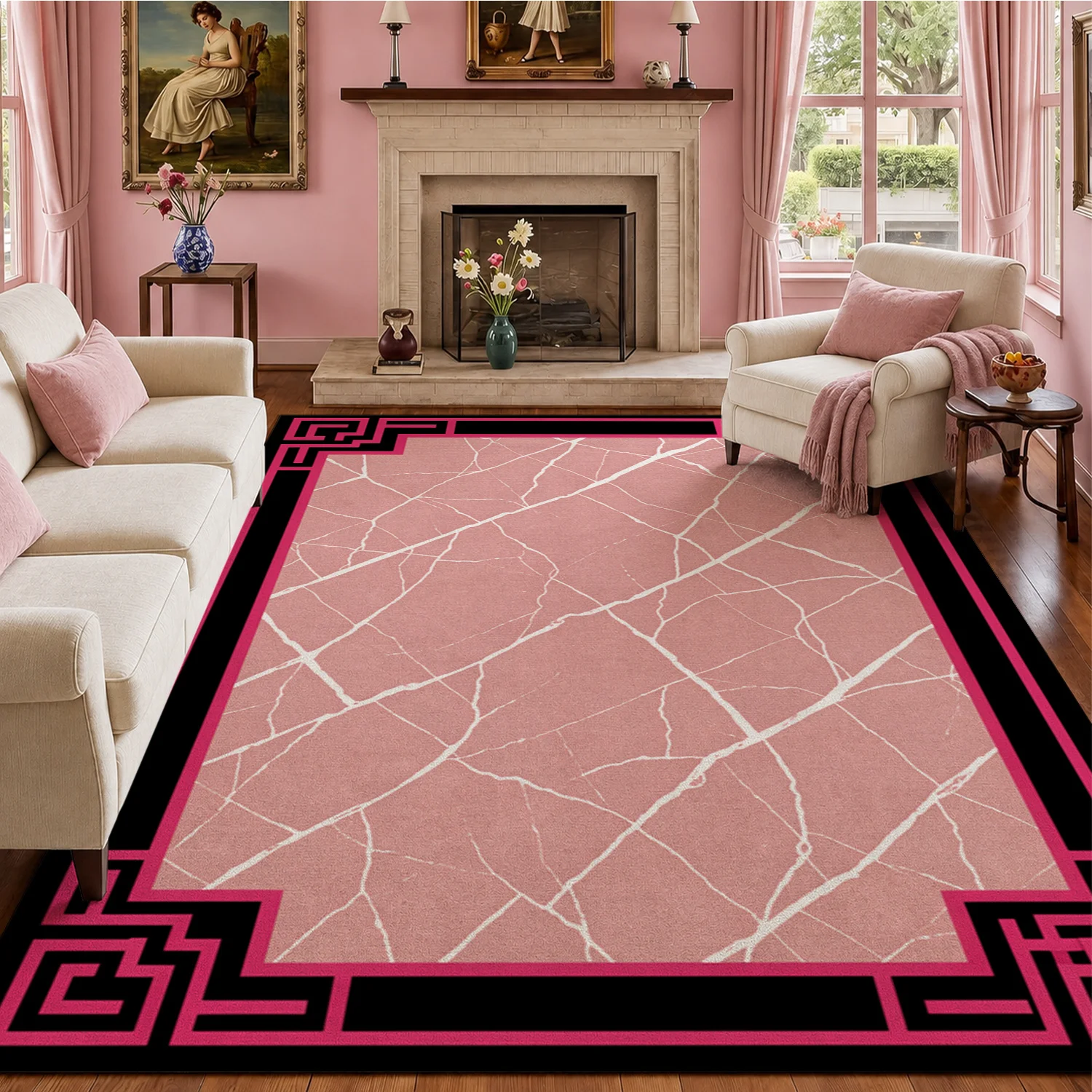 Pink Marble Geometric Border Velvet Area Rug, Machine Washable Durable Floor Mat for Living Room, Bedroom, Dining Room, Entryway, Ideal for Halloween, Thanksgiving, Christmas, New Year, Black Friday, Cyber Monday Home Decor