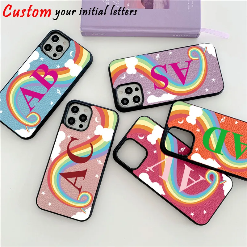 Rainbow Personalisad PU Leather Case for iphone 13 Pro Max 12 11 Pro Max X XS XR 7 8 Plus SE Covers Luxury Name Cutomized Covers