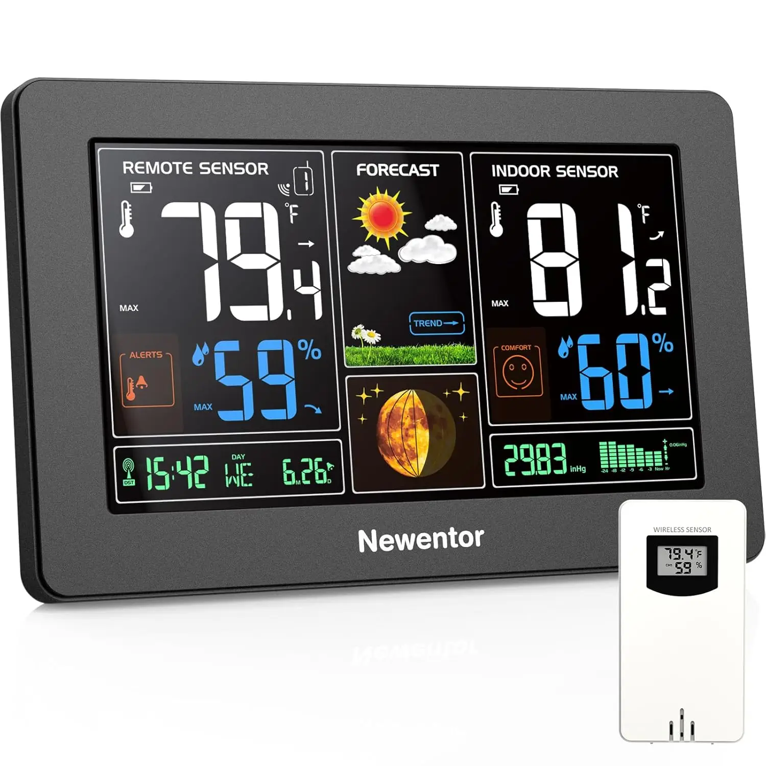 Wireless Weather Station, Digital Thermometer with Atomic Clock, Barometric Pressure & Forecast, Adjustable Backlight, Black
