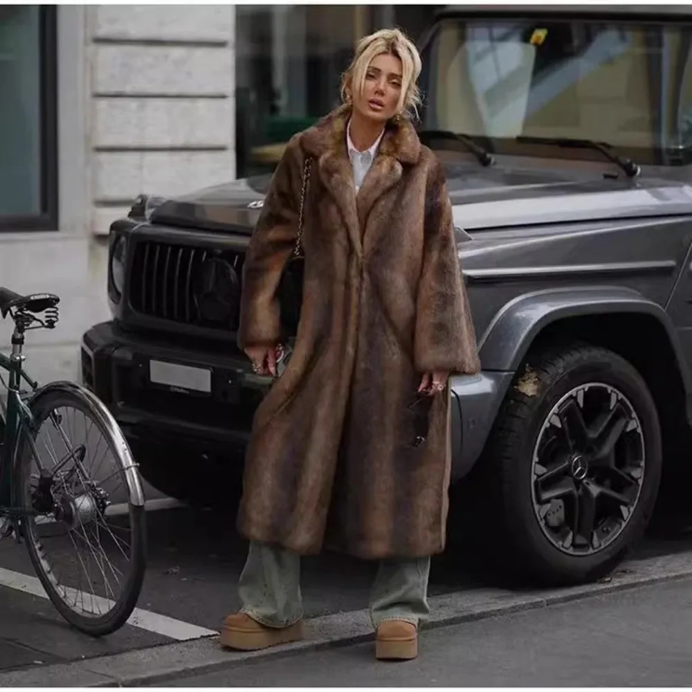 Mulheres grossas jaqueta de pele do falso casaco longo quente manga cheia elegante jaquetas casuais com decote em v outerwear casacos inverno high street