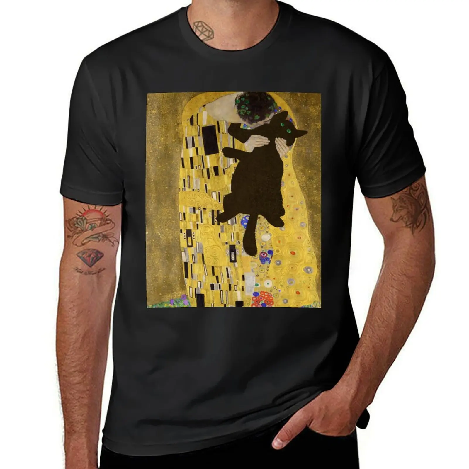 Gustav Klimt Cat , Klimt the Kiss Cat, Funny Cat mom gift, Black Cat Art T-Shirt boys whites mens cotton t shirts