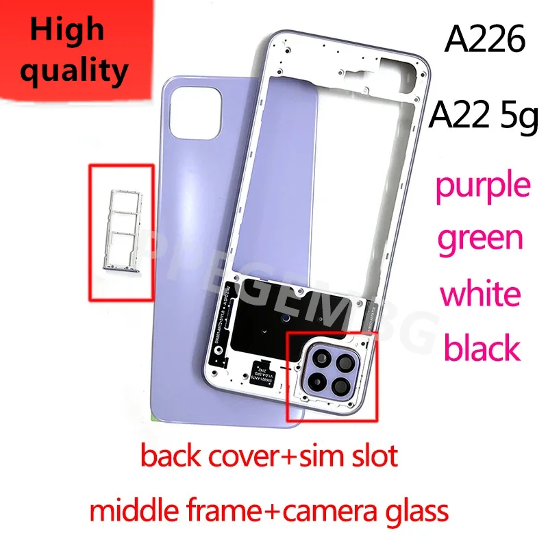 NEW A22 5G For Samsung Galaxy A226 A22 5g Phone Housing Rear Door Battery Back Cover Middle Frame Case Plate Bezel Sim Slot Tray