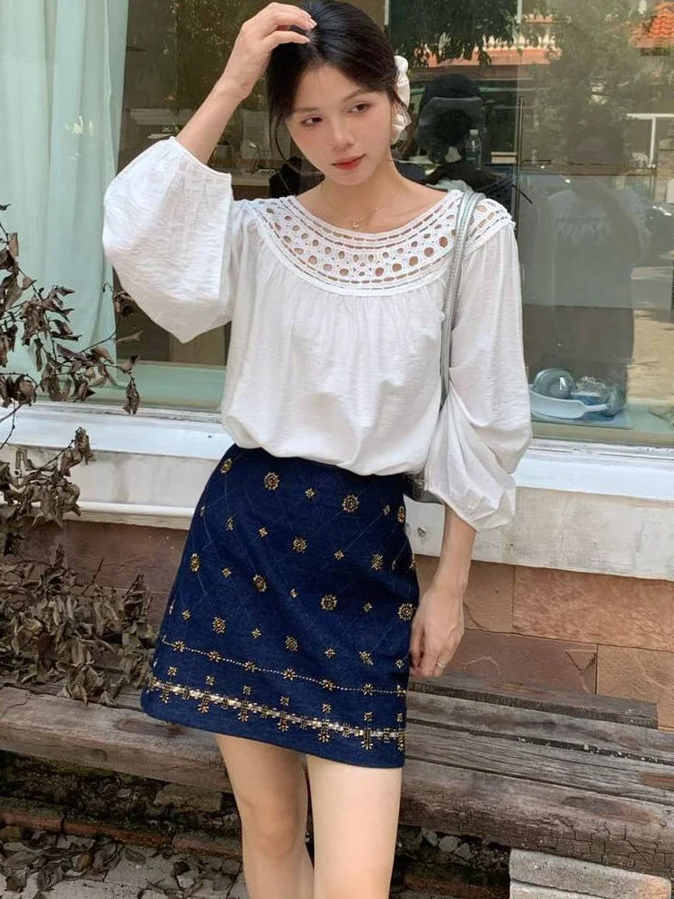 

Chic One-oulder Pleated Loose Slimming Hollow out Sweet Top Trendy Women's irt Korean Sle Breathable Polyester Long Sve