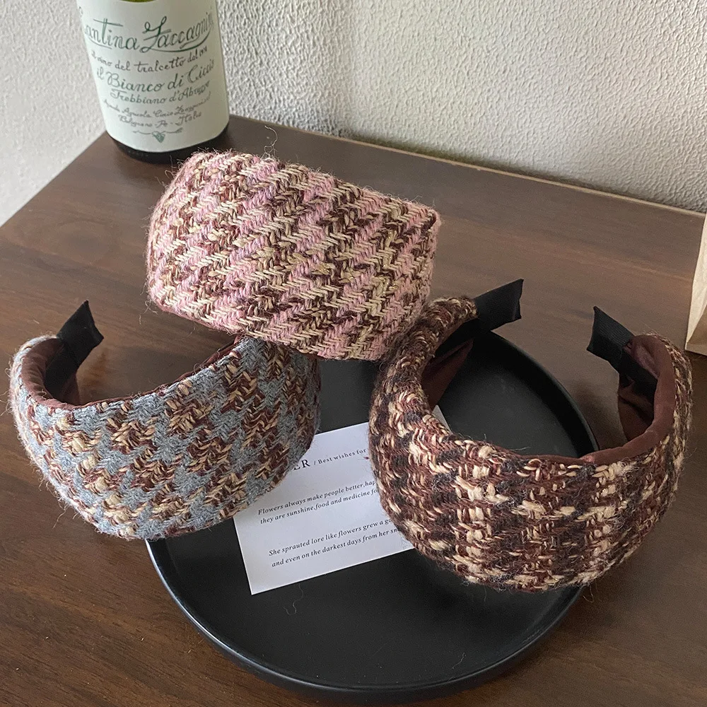 

Blue Plaid Wide Knitted Fleece Lined Headbands Multi Color Niche High Crown Hair Hoop Fashion Oversized Hair for Women