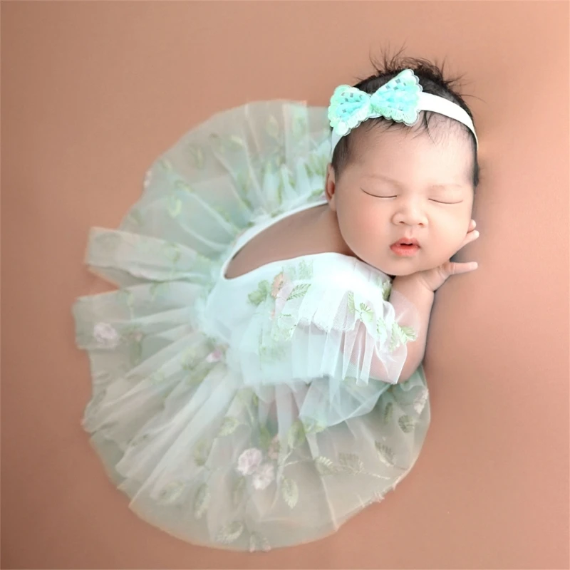 Newborn Photography Props Outfit Cute Lace Princess Baby Girls Dress+Flower Headband Set Newborn Girls Photo Shooting Clothes