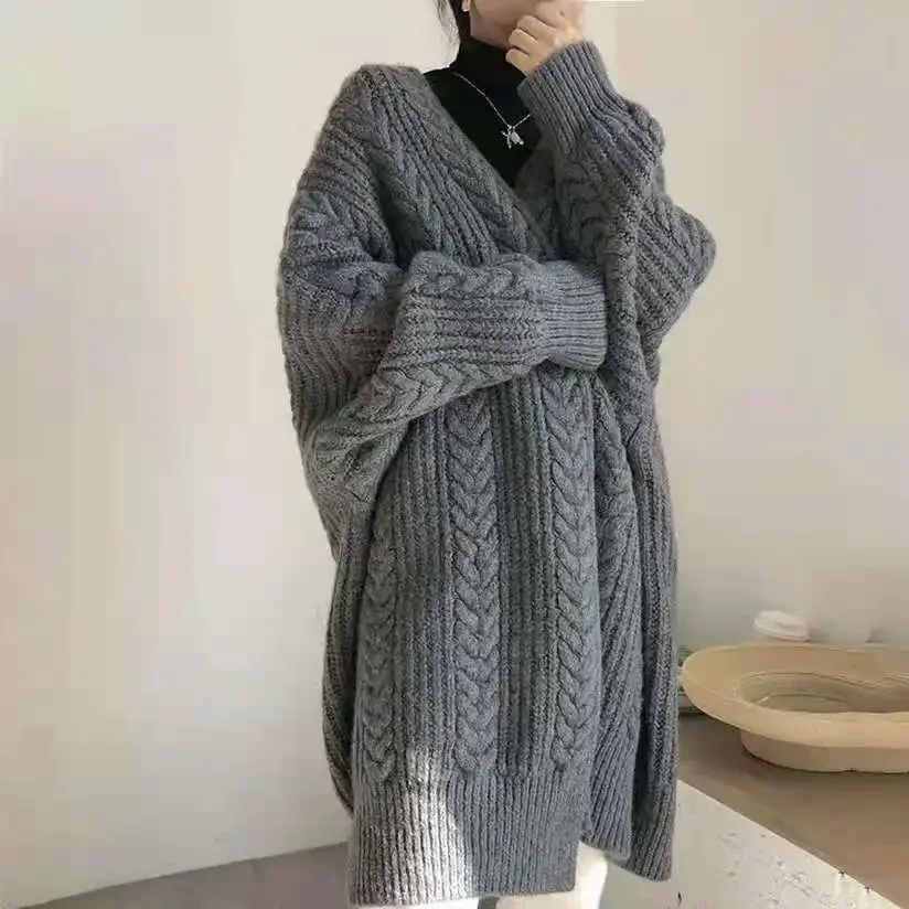 

Cardigan for Women Loose Outerwear Warm Coat Gray Winter 2024 Knitted Sweater Woman New in Knitwear Korean Fashion Crochet Top