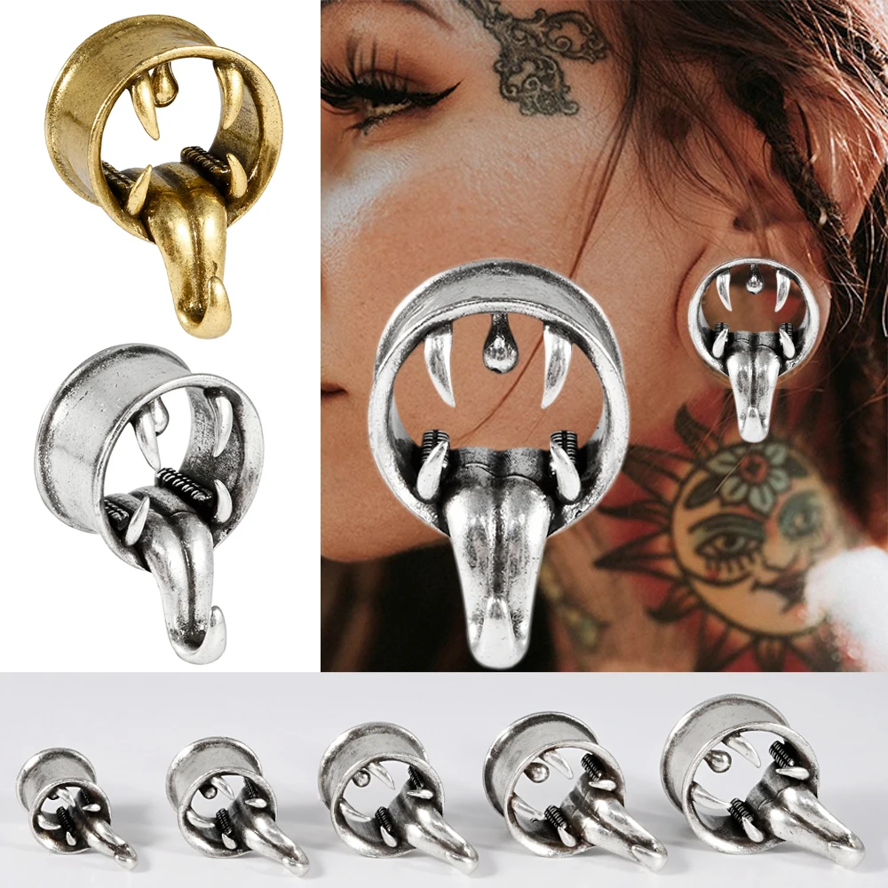 2-1PCS Cool Monster Tongue Ear Tunnels Copper Double Flared Ear Plugs Gauges Expander Stretchers Earring Body Piercing Jewelry