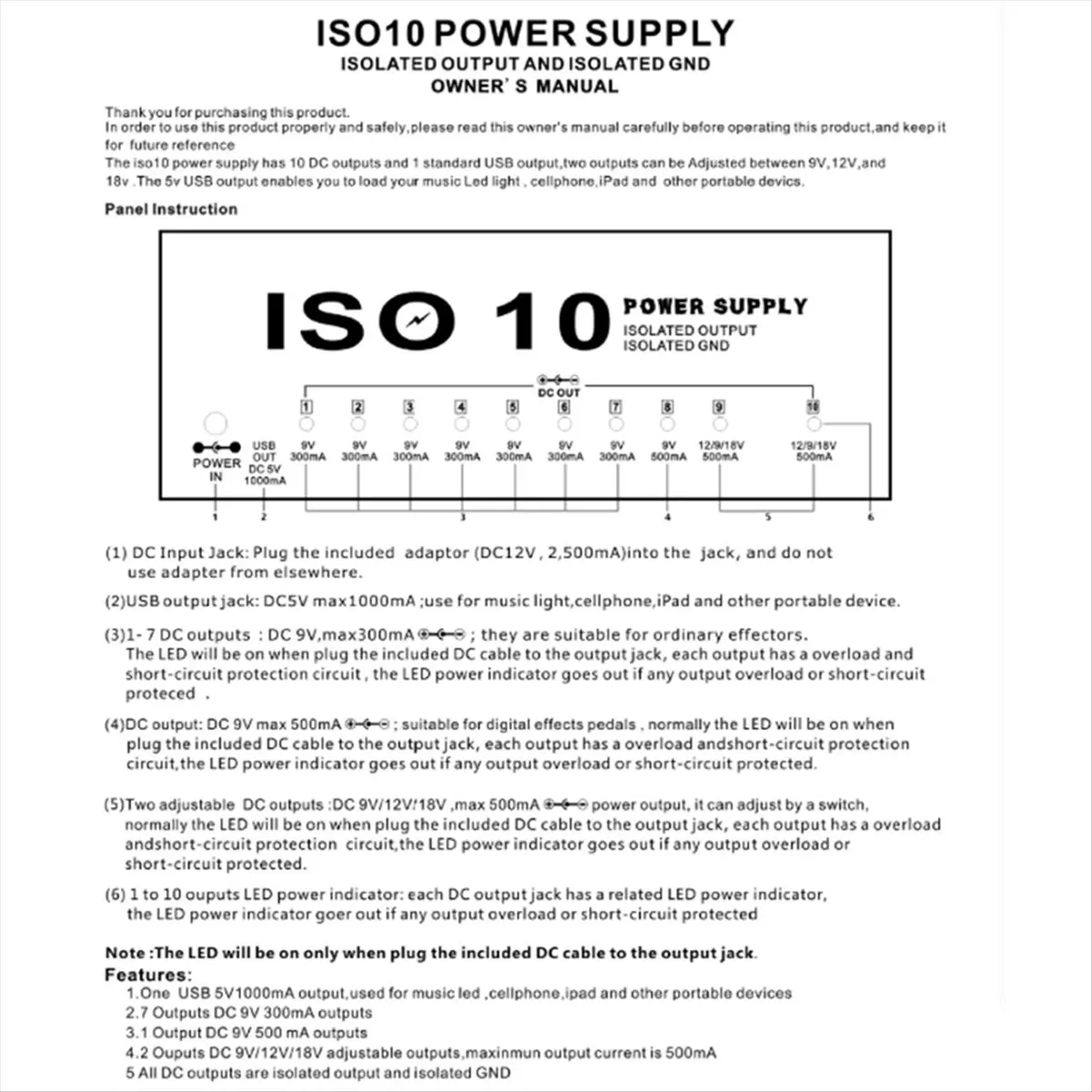

НОВЫЙ блок питания для педали эффектов ISO-10 POWER, 10 изолированных выходов постоянного тока/5 В, USB-выход для 9 В, 12 В, 18 В, аксессуары для гитары США