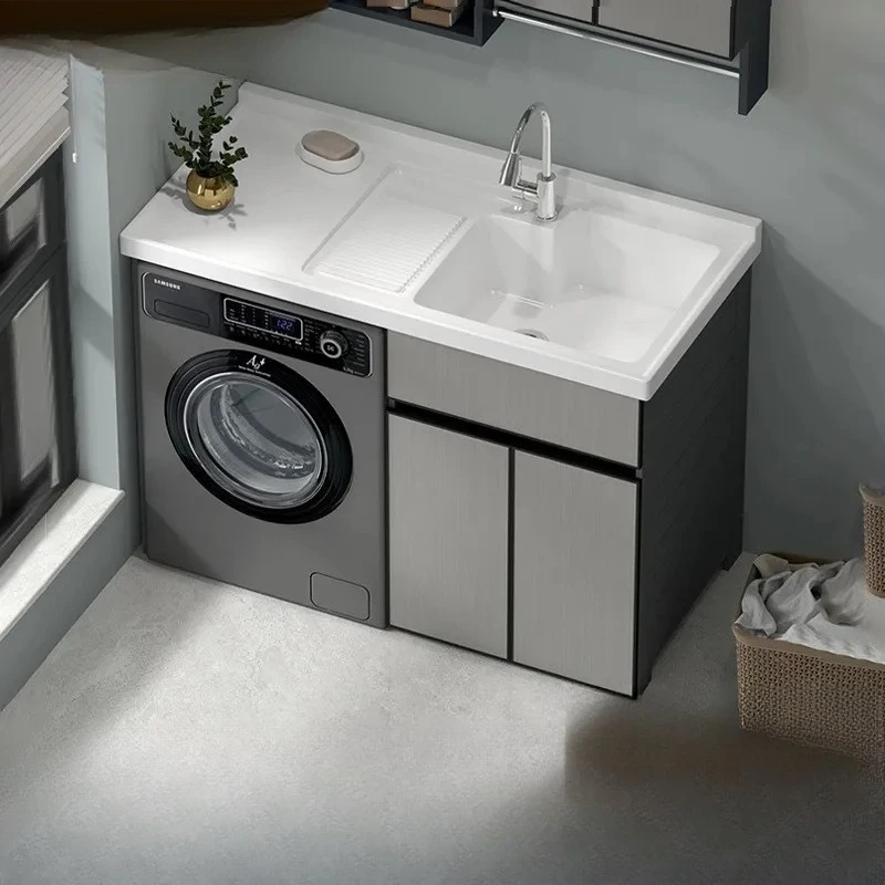 for Thickened Space Aluminum Balcony Cabinet Sunscreen Laundry Cabinet Artificial Stone Laundry Desk with Washing Board