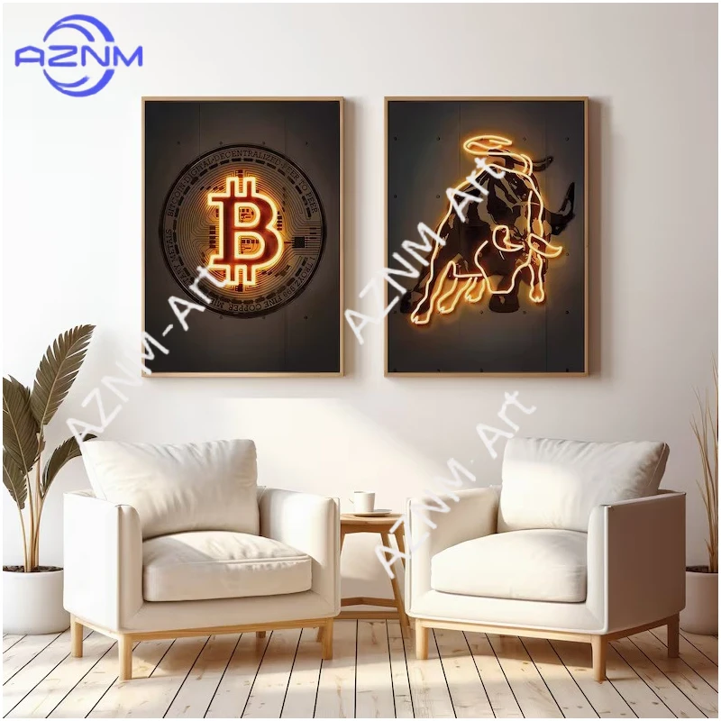 Neon Bitcoin Bull Crypto Gold Leinwandbild Rinder-Poster und Druck Wandkunst Bild Heimdekoration für Wohnzimmer-Dekor