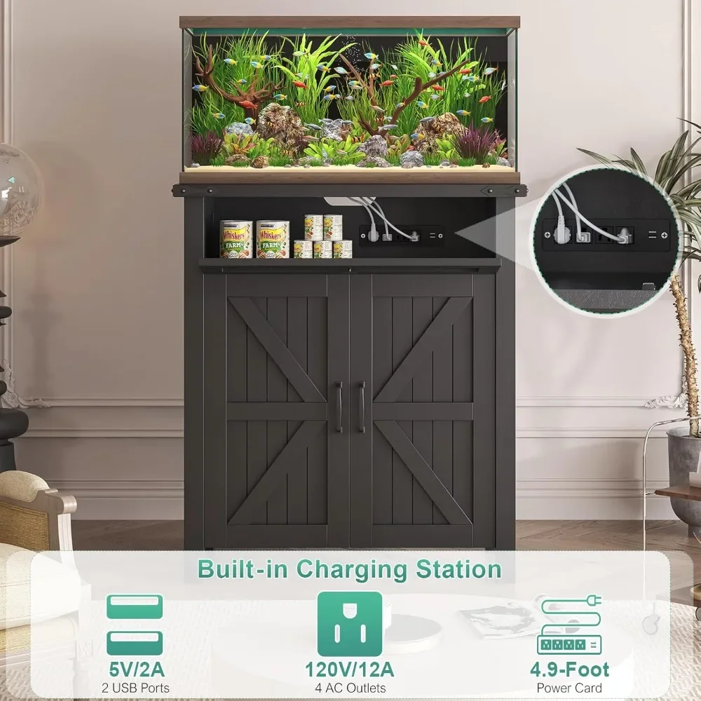 

20 Gallon Aquarium Stand With Charging Station, Farmhouse Style – Fish & Reptile Tank Stand with Storage Drawer