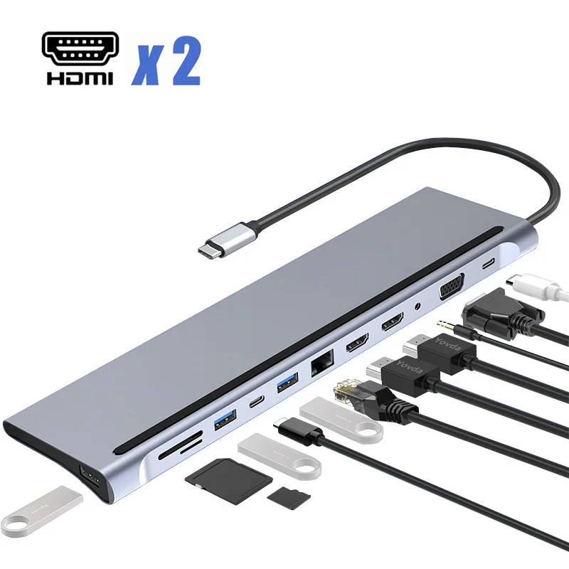 

USB C Hub 12-In-1 USB 3.1 Type-C to Dual HDMI-compatible Docking Station 4K HDMI Rj45 VGA Audio Multi USB Splitter for MacBook