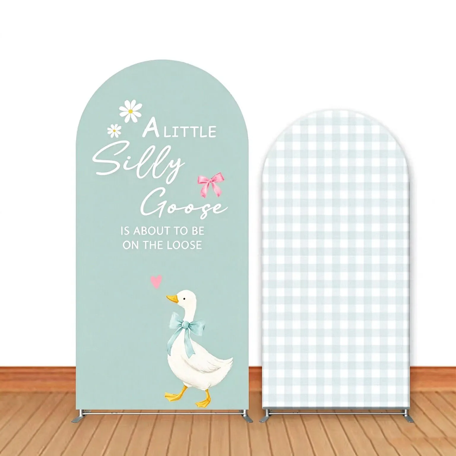 Custom 2-Side Silly Goose Baby Shower Arch Backdrop Cover Sage Green Grid Flower Bow Birthday Party Decor Backdrop Photo