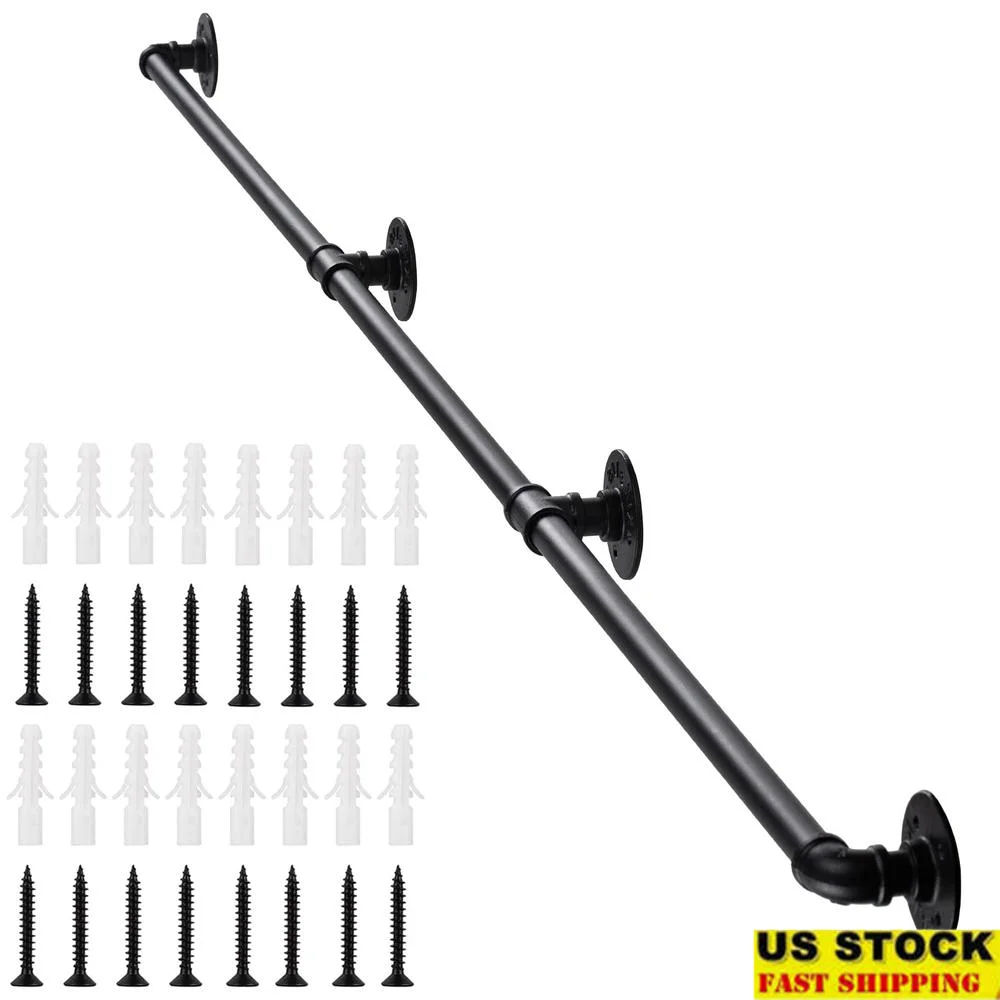 Pipe Handrail Bracket Industrial Iron Stair Wall Mount Matte Grab Bar Metal Railing Non-Slip Porch Deck Hand Rail Easy Install
