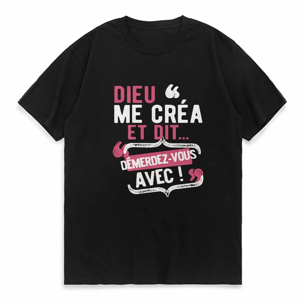 

Women'S Casual Round Neck T-Shirt with French Quote "Dieu Me C'est Mon Saint" Playful Letter Print Short Sleeve Top for tees