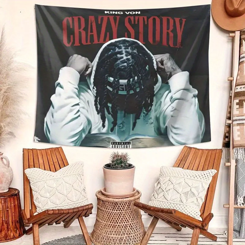 VIKAMA King Von Rap Wandteppich „Crazy Story“ Wohnzimmer Schlafsaal Retro Hip Hop Ästhetische Atmosphäre Heimdekoration