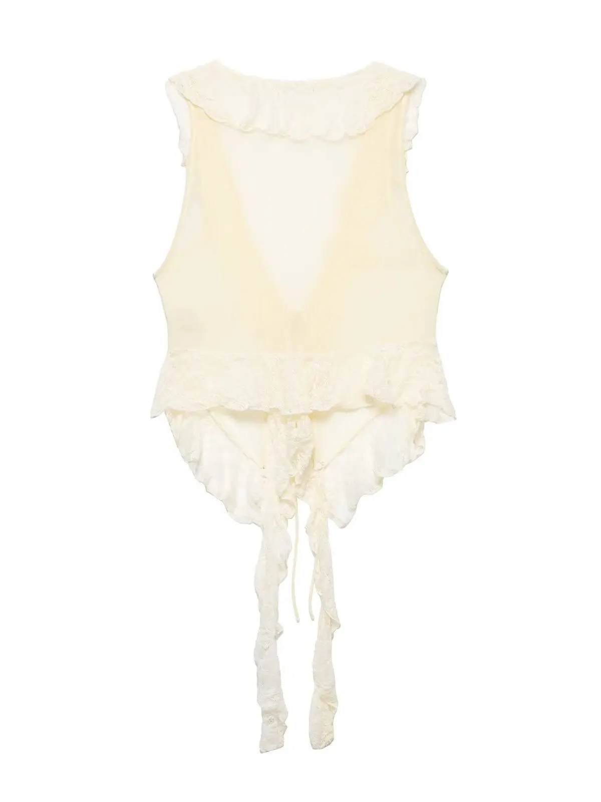 Women's Short Lace Trimmed Ruffle Hem Vest Micro Transparent Splice Design V-Neck H-Shape Top with Belt Summer Fashion