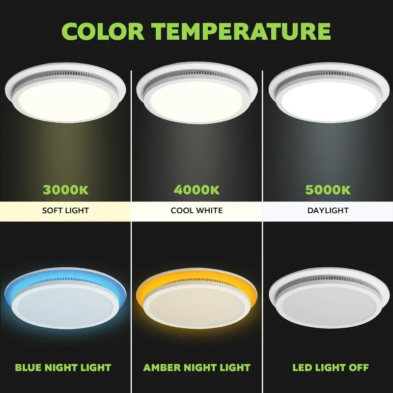 7130-20-BT مروحة حمام بمستشعر للرطوبة مع ضوء LED متغير اللون ومكبر صوت بلوتوث 110 CFM 1.5 Sones 3 Temper