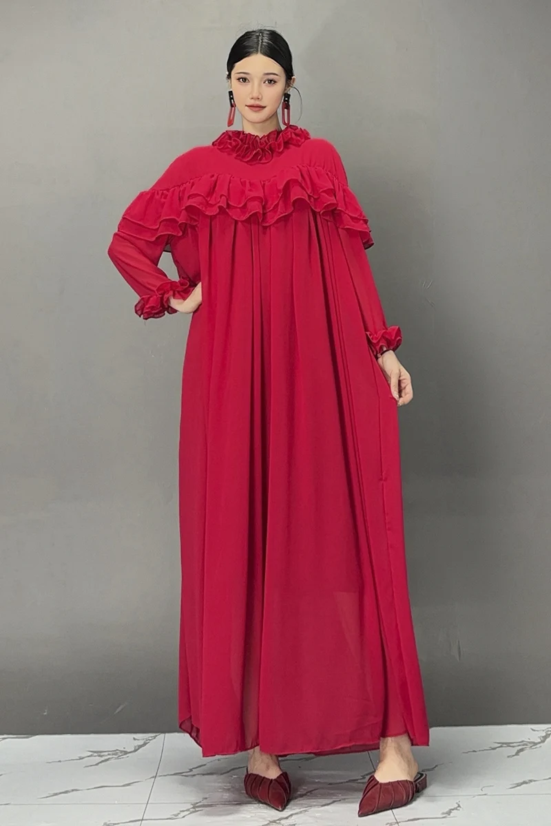 2024 Autumn New Elegant Red Folds Loose Long Dresses Women Casual Long Sleeve Dress Female Wholesale J378