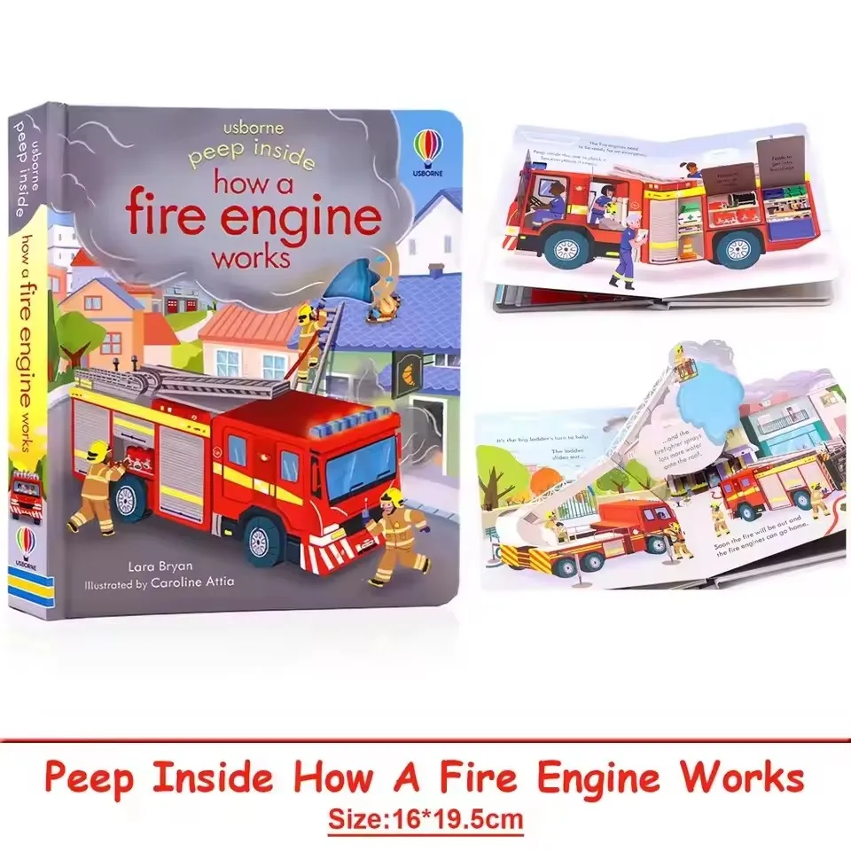 Usborne Peep Inside How A Fire Engine Works, libros con imágenes en 3D para niños, lectura para antes de dormir, libros educativos Montessori en inglés