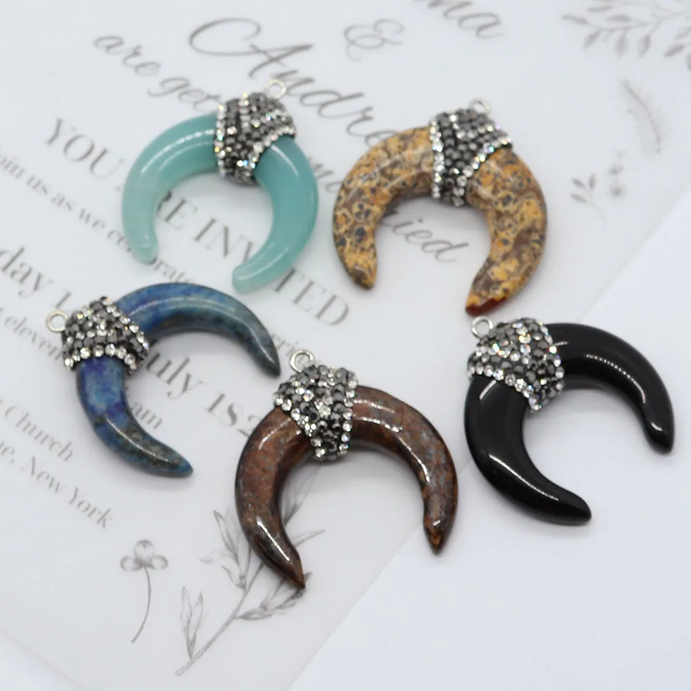 1pcs Natural Stone Fashion Horn Necklace Crescent Necklace Pendant with Rhinestones DIY Blue Crystal Quartz Reiki Ladies Men