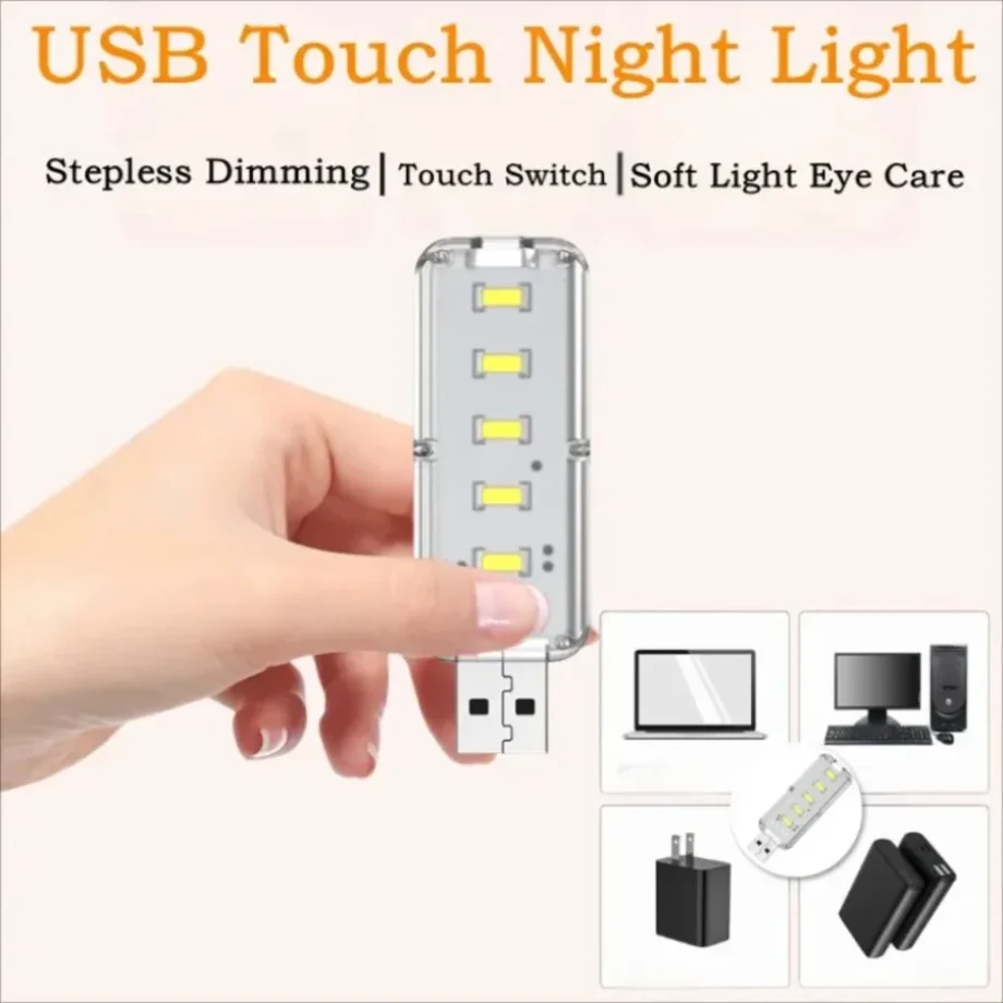 5V 10LEDs USB Plug in Lighting Portable Dimmable Touch Control Night Light Bulb for Bedroom Study PC Laptop Mobile Power Bank